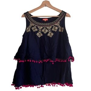 𝅺Cotton Linen Blend Boho Embroidered Tassels Top Size L